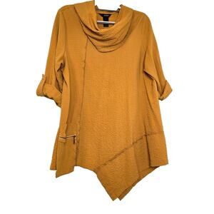 Ali Miles Gold Tunic Top Logenlook Cowl Neck Casual Pockets Roll Tab Slvs Size L